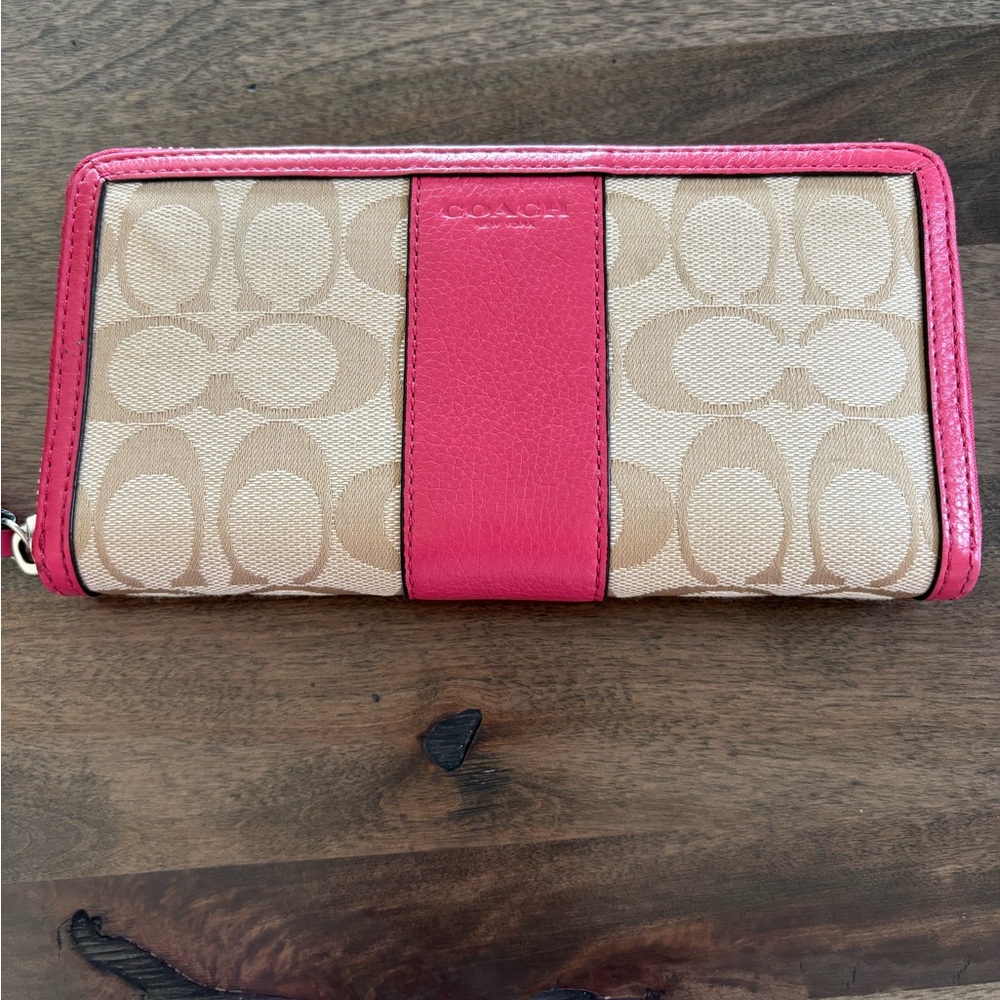 Coach Fuchsia and Beige Signature Wallet